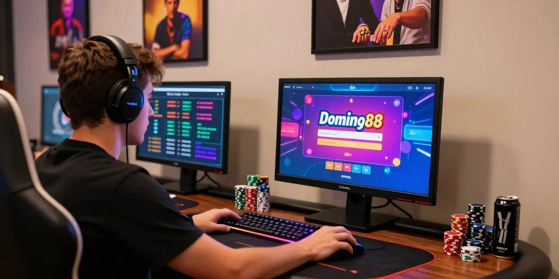 Login Domino88 displayed on a gaming screen within a vibrant online poker setup, showcasing an immersive experience.