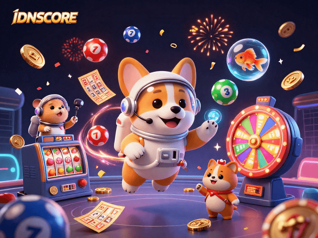 Experience IDNSCORE's dynamic cosmic casino adventure with floating characters and gaming elements.