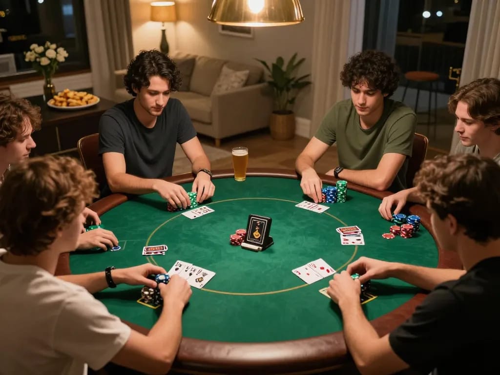 Players strategize during a home poker game, enhancing their situs toto skills with lively competition and camaraderie.