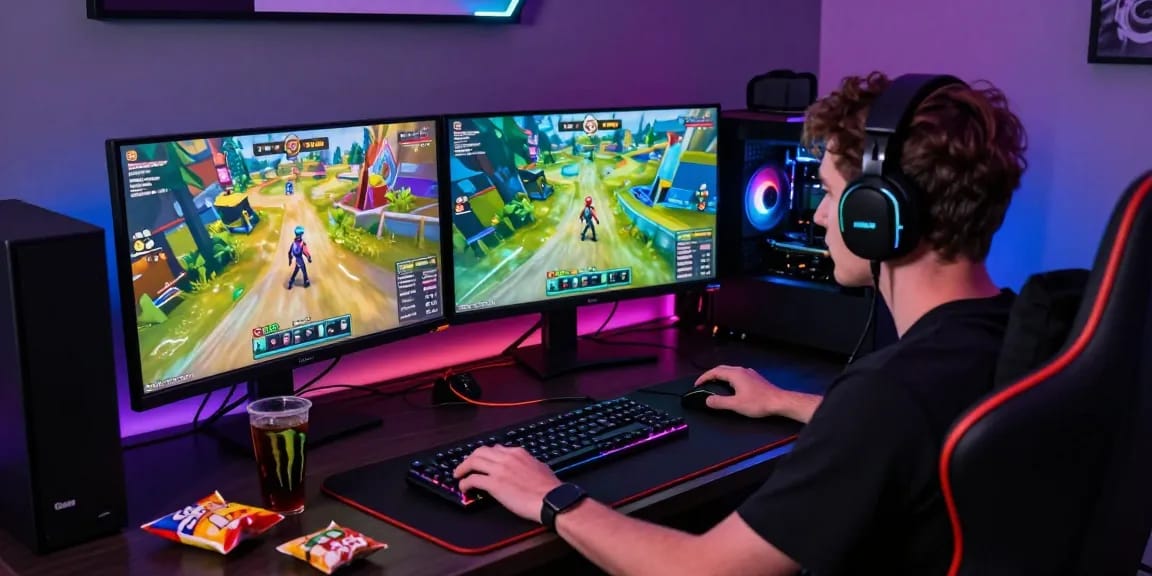Player using a Fortnite Hack on a gaming setup, with dual monitors and RGB lights.