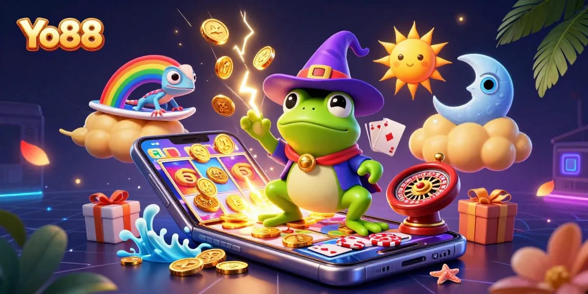 Yo88 engages players with a 3D illustration of a wizard frog and chameleon amidst a storm of golden coins.