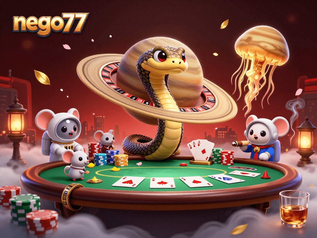 Engage with the thrilling world of nego77 at a cosmic roulette, with whimsical characters and vibrant gaming elements.