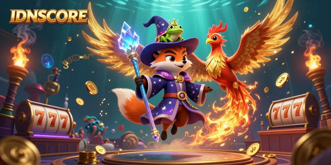 IDNSCORE captivates users with a mystical gaming scene blending a wizard, phoenix, and slot gaming elements.