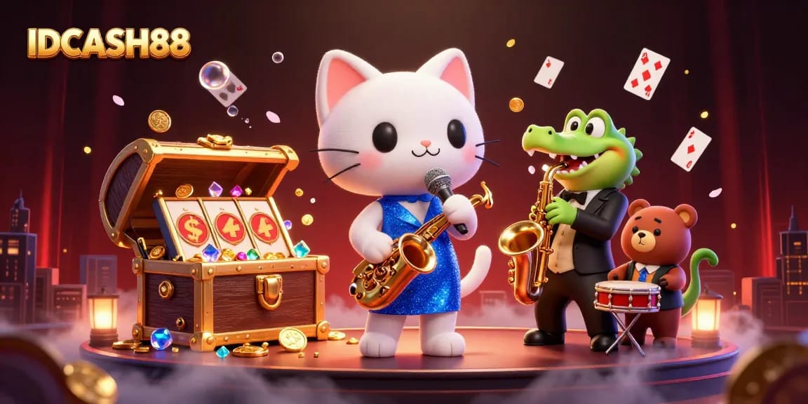 Experience thrilling gaming at IDCASH88 with vibrant visuals featuring cartoon jazz singer cat, crocodile, and bear cub.