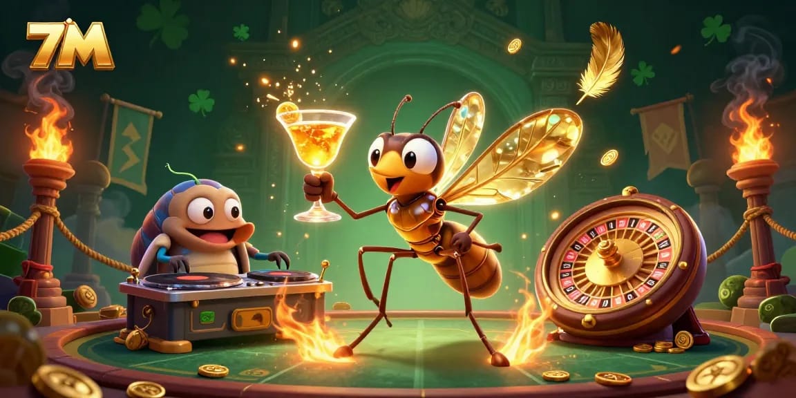 Spin and win with 7M at a lively casino featuring vibrant characters and gaming elements.