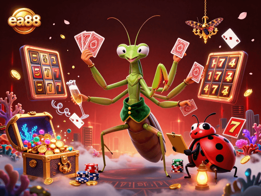 ea88 offers immersive casino excitement with vivid visuals of a giant praying mantis card sharp and lively game elements.