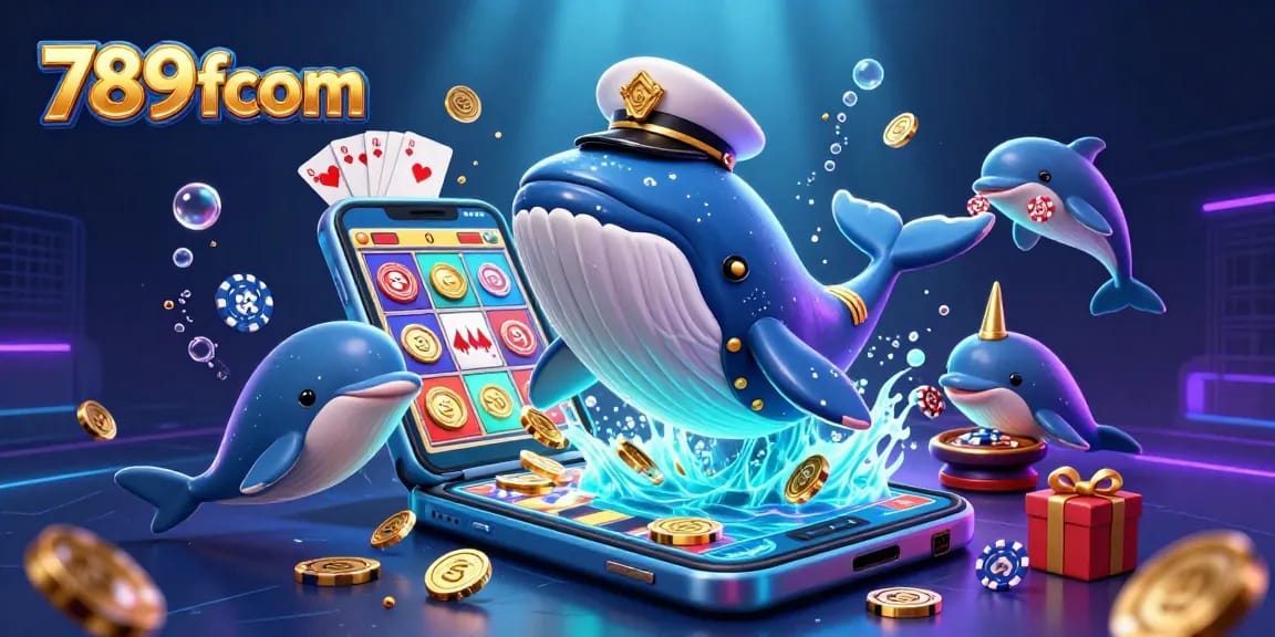 Experience the excitement of 789fcom with a vivid 3D illustration featuring a whale, narwhal, and dolphins surrounded by casino elements.