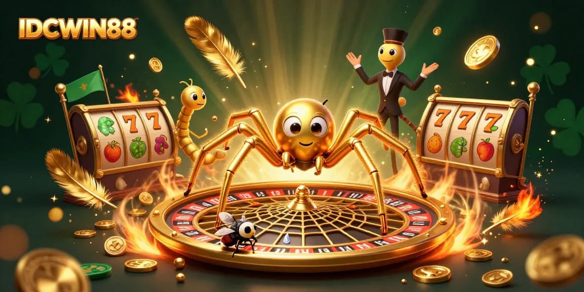 Engage with the IDCWIN88 lottery-like thrills in this vibrant 3D casino illustration.