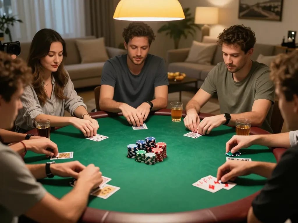UG DEWA players enjoying a friendly poker game with colorful chips and cards