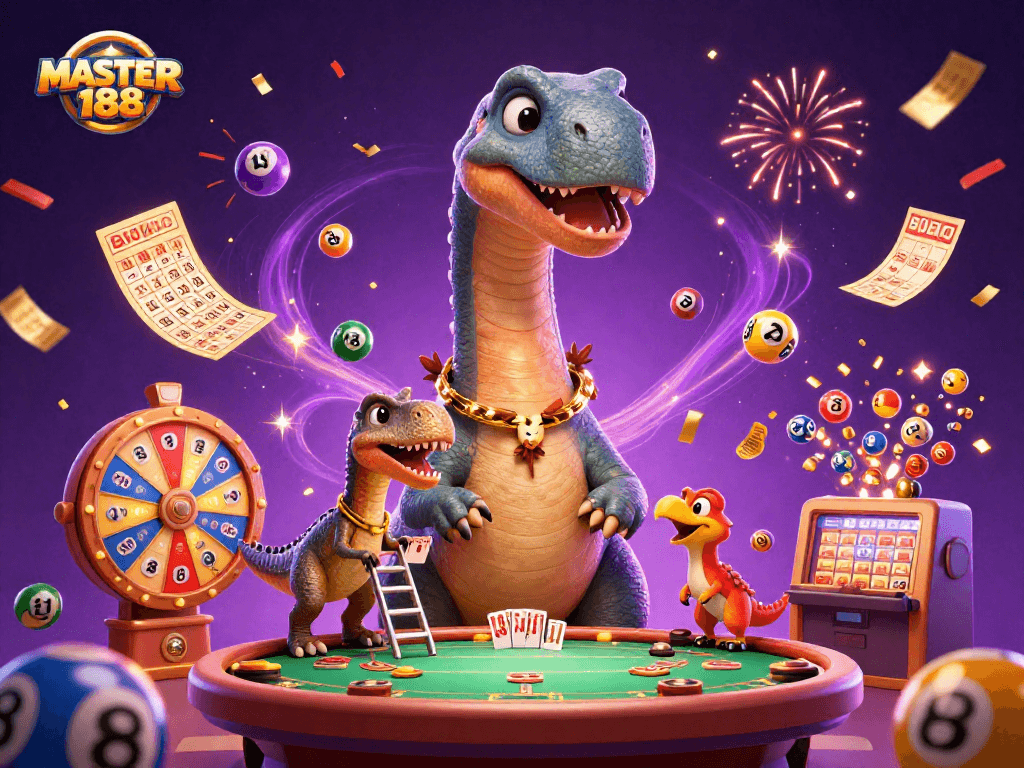 Experience excitement with MASTER188, where a giant brontosaurus oversees the vibrant casino action.