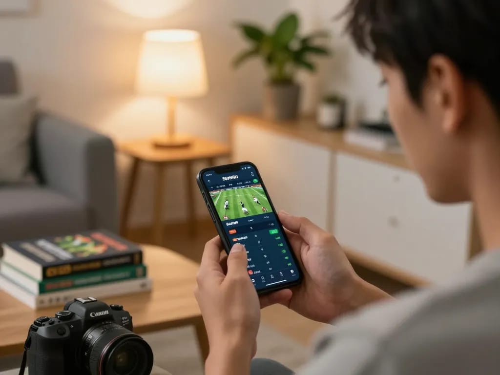 Placing bets with Sunwin app while tracking live sports odds in a cozy home environment.