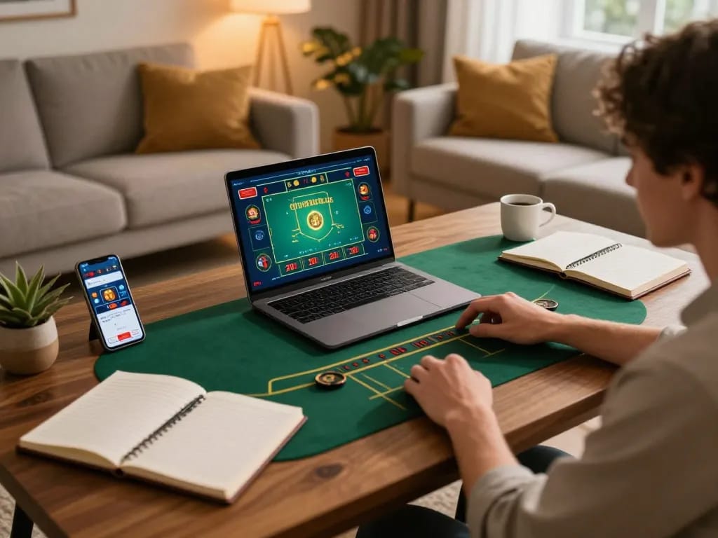 Engaging with kèo nhà cái live dealer game from a cozy home setup, laptop, and betting notes.