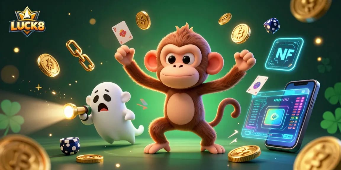LUCK8 players engage in winning strategies inside a mystical casino scene with a playful poltergeist.