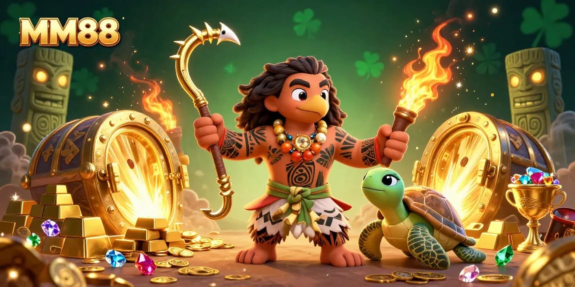 Experience MM88's vibrant online gaming with a Polynesian-themed 3D illustration showcasing treasures and characters.