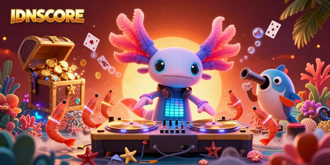 IDNSCORE offers thrilling underwater gaming entertainment with a vibrant DJ axolotl and colorful sea creatures.
