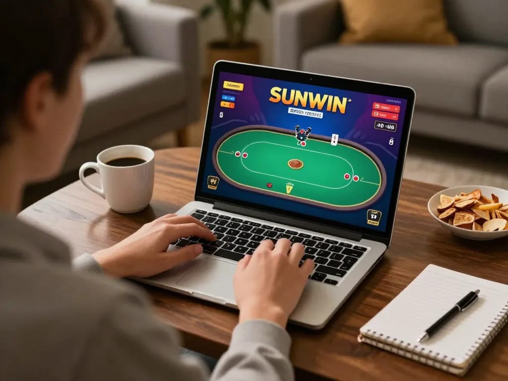 SUNWIN player engaging in an online poker game on laptop, showcasing home gaming comfort and excitement.