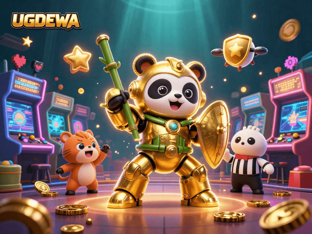 Engage with UGDEWA as the golden panda prepares for a dynamic casino showdown.