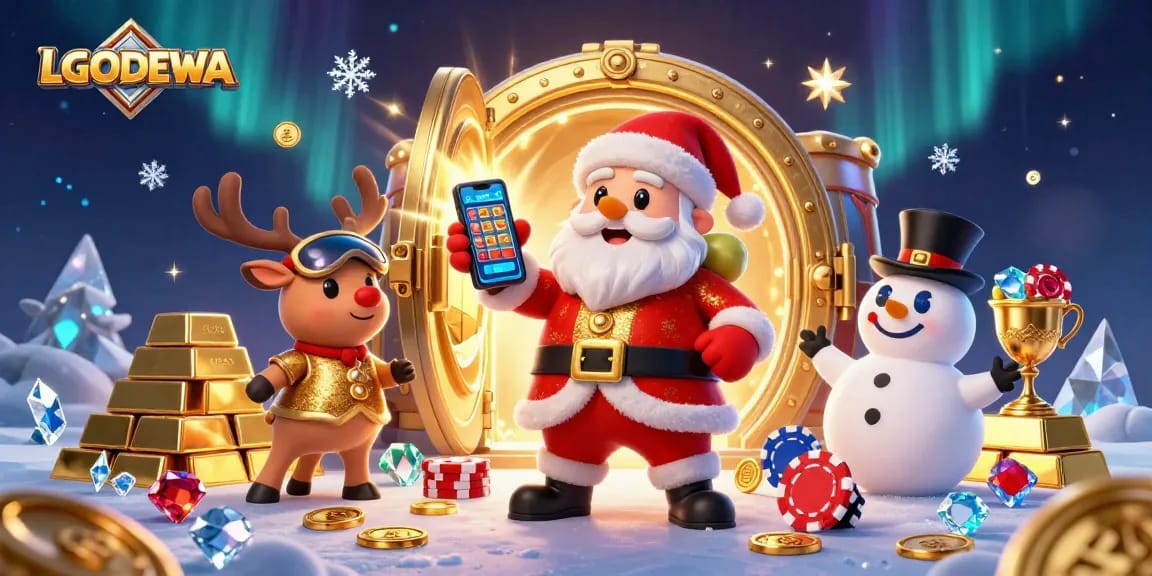 Experience thrilling jackpots at LGODEWA with Santa and friends in a vibrant casino landscape.