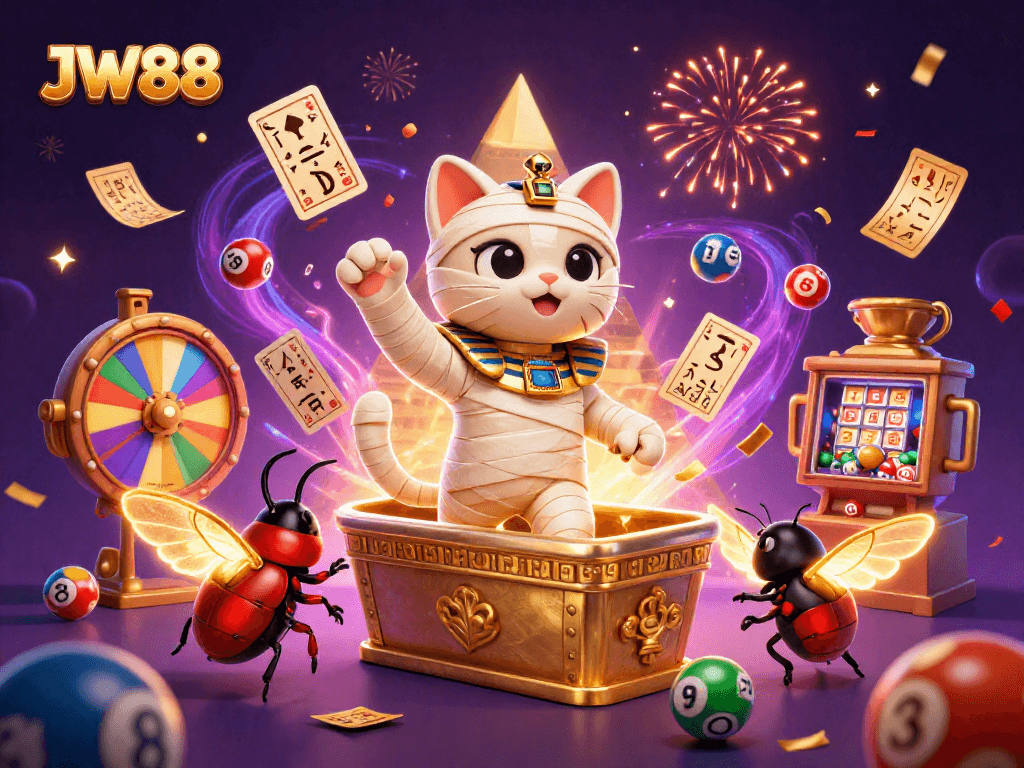 JW88 brings excitement with a 3D mummy cat bursting from a golden sarcophagus in a vibrant casino.