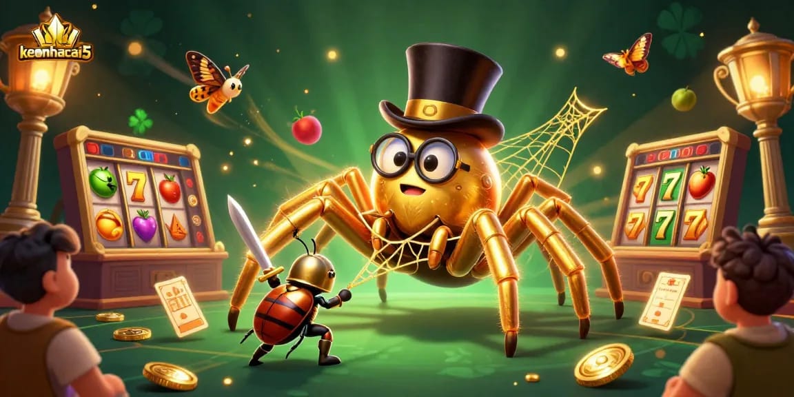 Engage with keonhacai5 in a vibrant 3D casino scene featuring enchanting characters and thrilling symbols.
