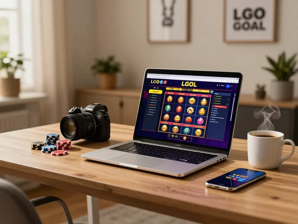 LGO GOAL online casino interface shown on a laptop in a modern home office with poker chips.