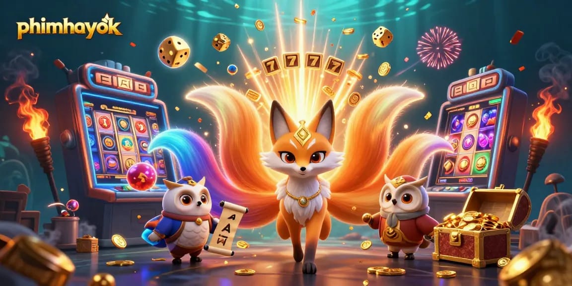 Engage with thrilling moments in phimhayok as a vibrant slot machine bursts coins and bright symbols in a dynamic scene.