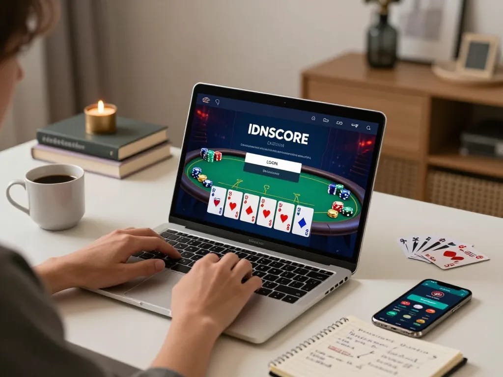 IDNSCORE LOGIN interface displayed on a laptop during a cozy online gambling session.