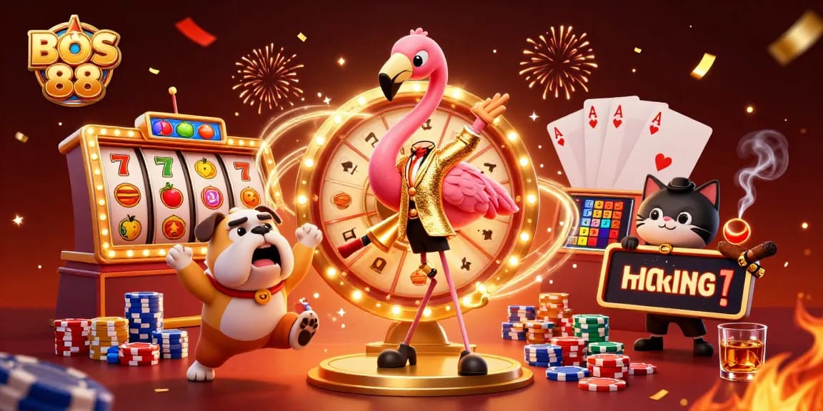 BOS 88 menampilkan keseruan slot online dengan karakter flamingo, bulldog, dan kucing yang berinteraksi.