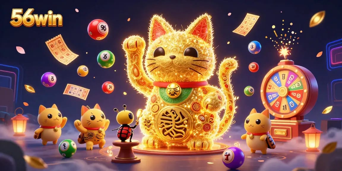 Immerse in 56win casino fantasy with golden lucky cat and dynamic lottery elements.