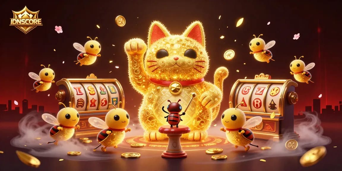 Experience the excitement of IDNSCORE with a unique lucky cat and vibrant casino elements.