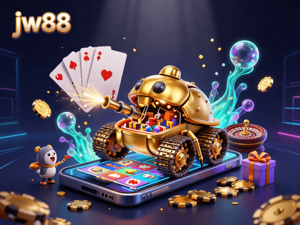 Engage with jw88's vibrant casino experience through a magical golden beetle tank illustration.