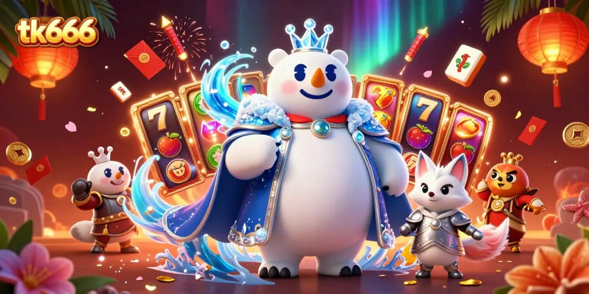 tk666 showcases an exciting scene with a polar bear king, lucky 7s, and dynamic casino elements.