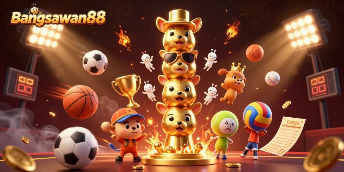 Bangsawan88 showcases a vibrant sports betting scene filled with animated casino elements and dynamic sports balls.