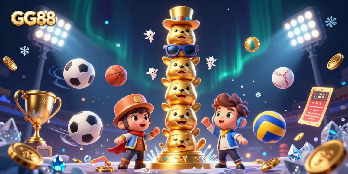 Experience GG88 with vibrant casino elements and a golden totem pole in a dynamic 3D scene.