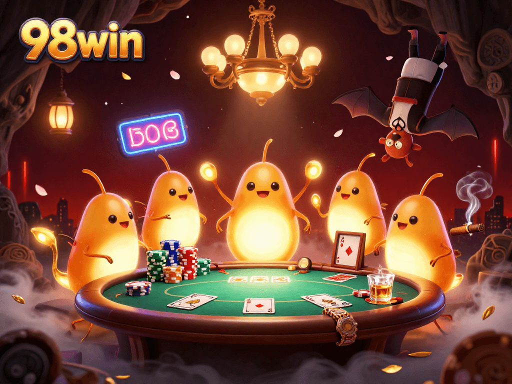 Join the excitement at 98win with this vibrant underground casino scene featuring glowworms and a bat dealer.