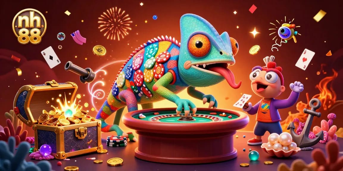 Win big at nh 88 with an enchanting illustration of a colorful chameleon casino owner amidst casino-themed treasures.