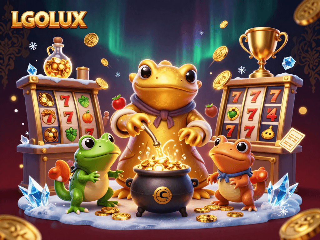 Engage with LGOLUX's dynamic slots experience featuring golden alchemist characters and vibrant casino elements