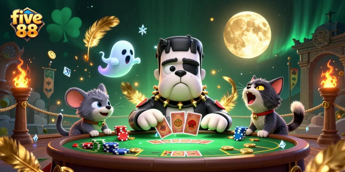 Experience the thrill of five 88 gambling with a whimsical 3D casino scene featuring a Frankenstein bulldog dealer and more.