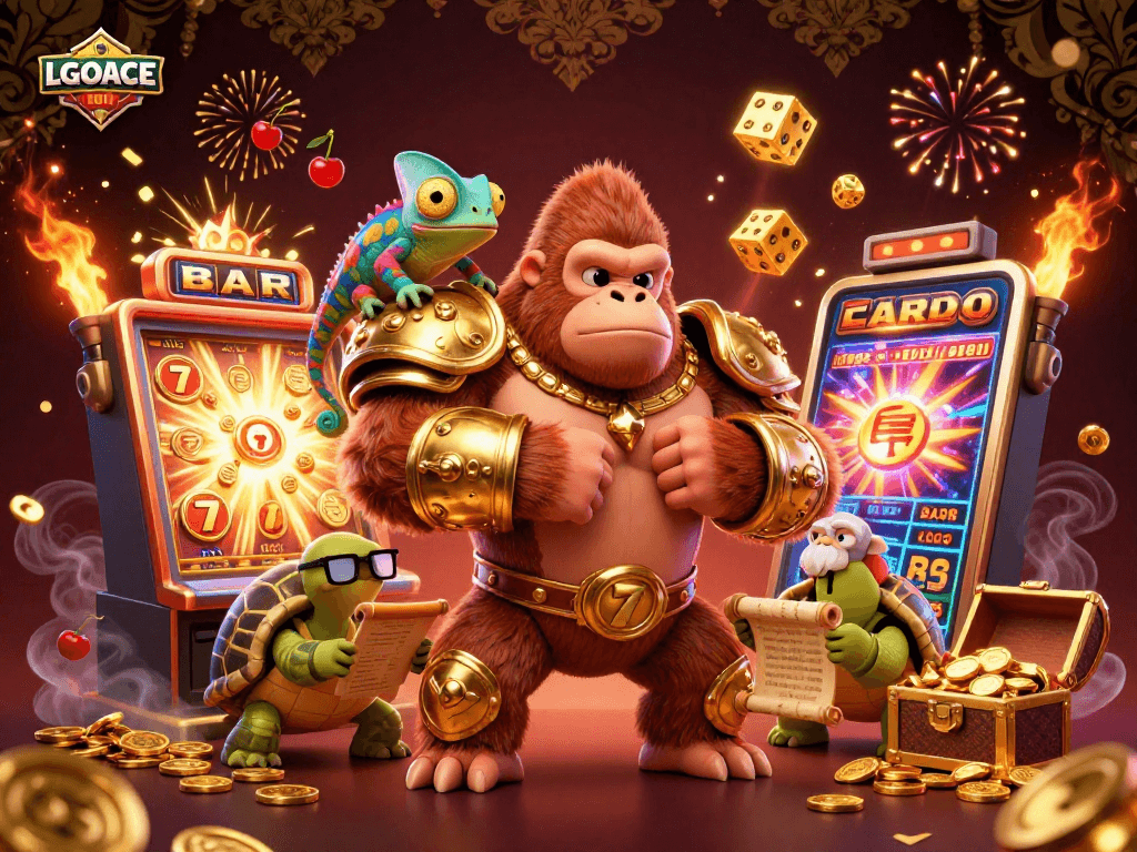 LGOACE showcases a vibrant casino scene with a golden gorilla king, lively chameleon, and wise tortoise amidst slot machines and golden treasures.