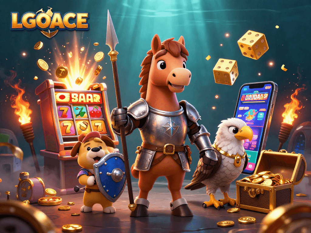 Experience LGOACE with a dynamic casino scene featuring slot machines and enchanting characters.