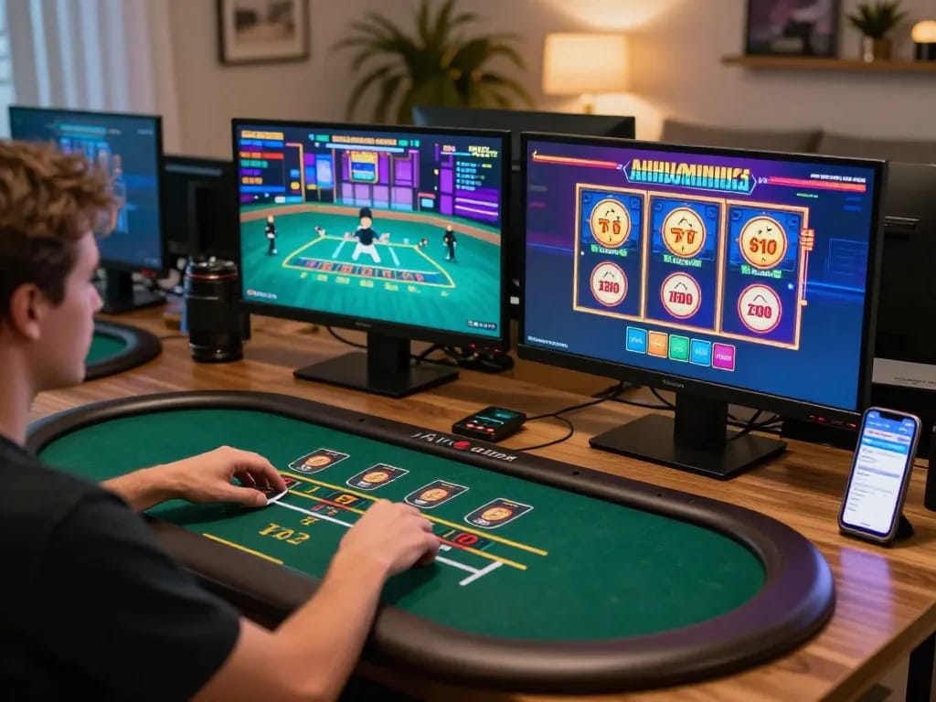 Experience immersive game online action in a modern gaming setup featuring blackjack and slots.