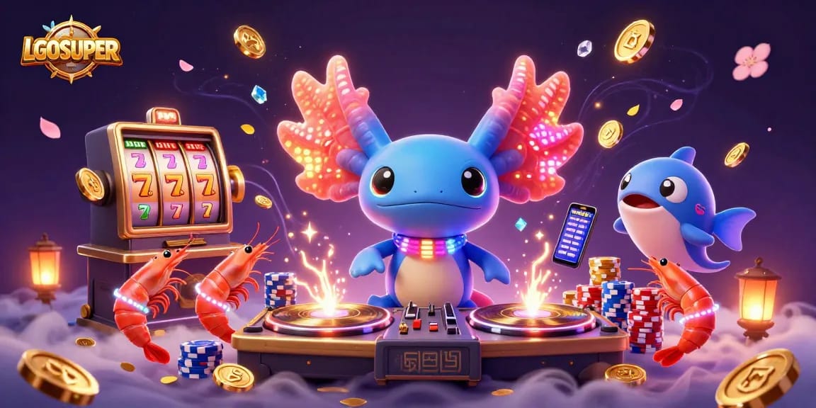Experience the excitement of LGOSUPER with vibrant 3D characters and dynamic slot elements in an exhilarating gaming scene.