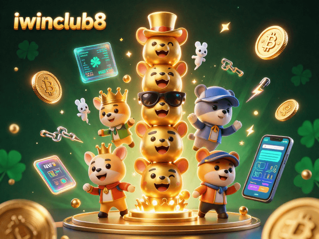 Join the fun at iwinclub8 with exciting cryptocurrency casino elements and vibrant animated characters.