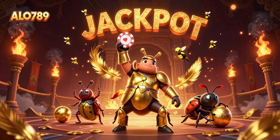 Join the thrilling action at ALO789, showcasing a victorious beetle in gladiator armor amidst a dazzling casino backdrop.