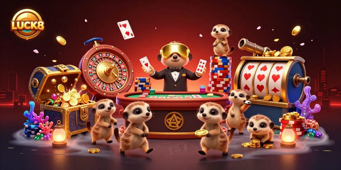Experience the excitement at LUCK8 with meerkats operating a vibrant casino filled with games and treasures.