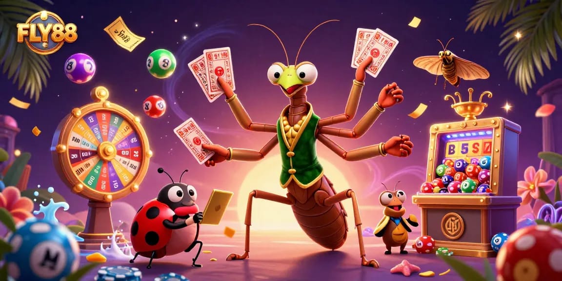 Experience thrilling moments at FLY88 casino with a vibrant 3D illustration of winning cards and games.