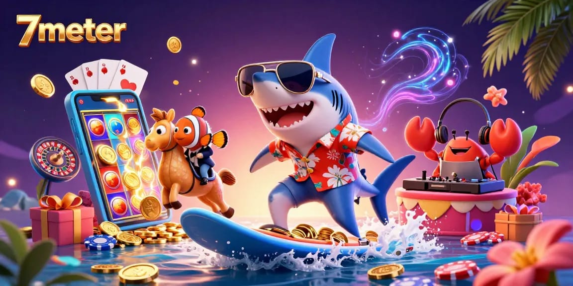 Experience thrilling gameplay at 7meter with vibrant characters surfing on gold coins and casino elements.
