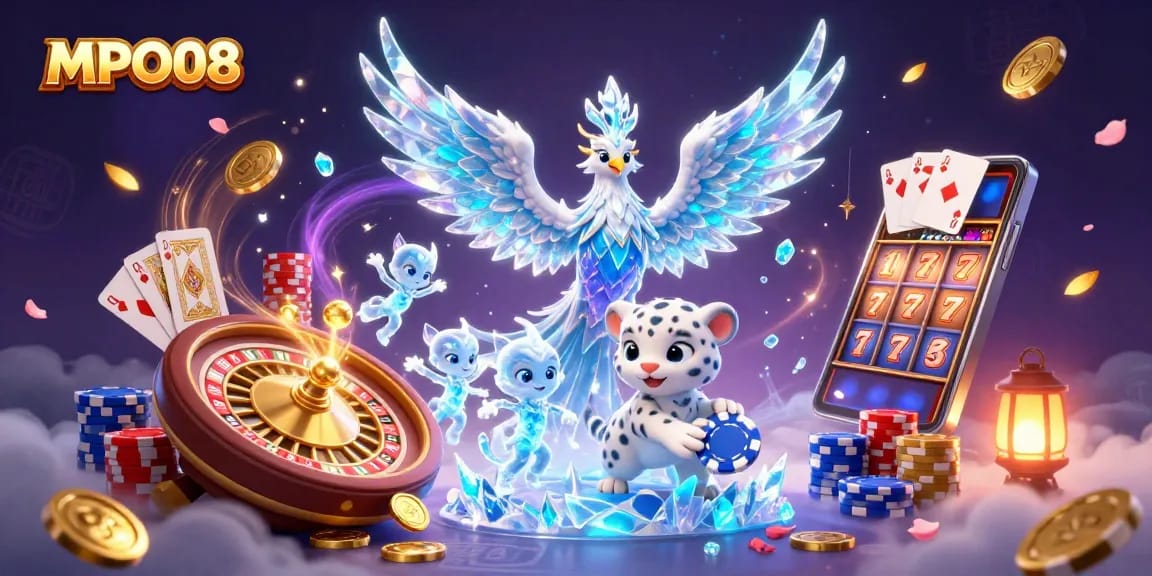 Experience MPO08's thrilling slot games with vibrant characters and dazzling casino elements.