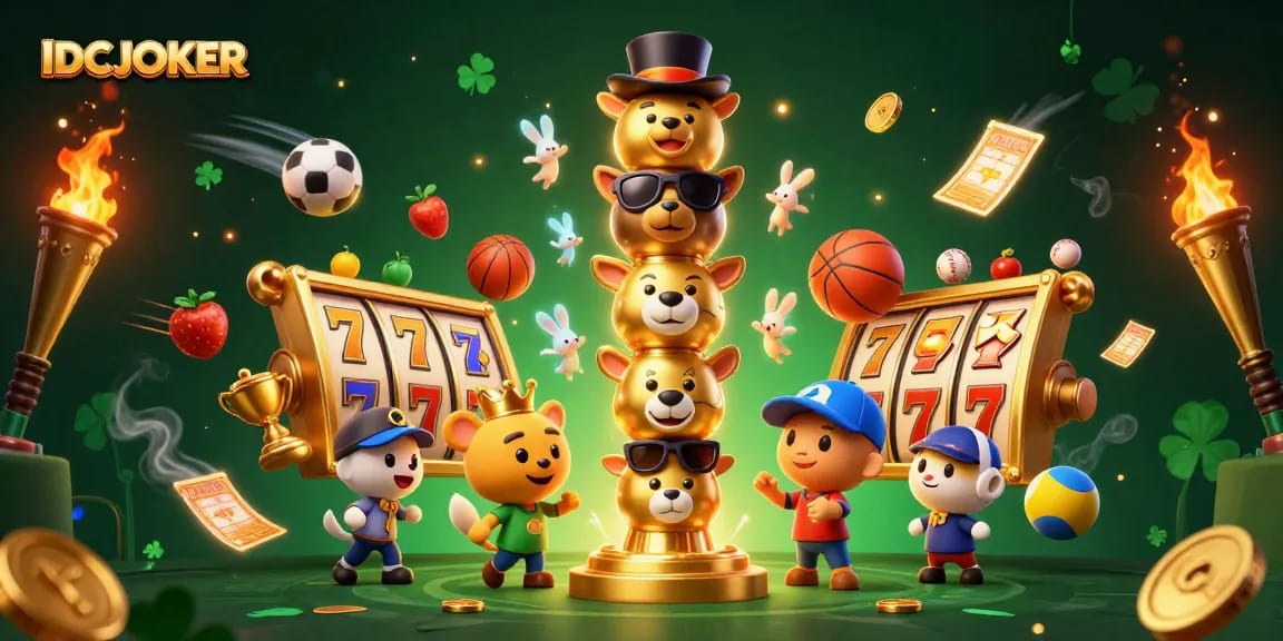 Experience the thrill of gaming at IDCJOKER with a vibrant golden totem and dynamic sports elements.