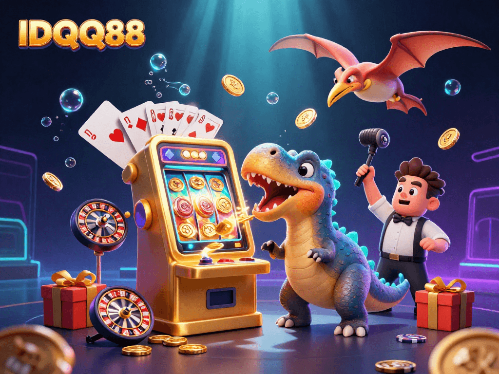 Experience IDQQ88 excitement as a pachycephalosaurus hits a slot machine jackpot with flying coins all around!
